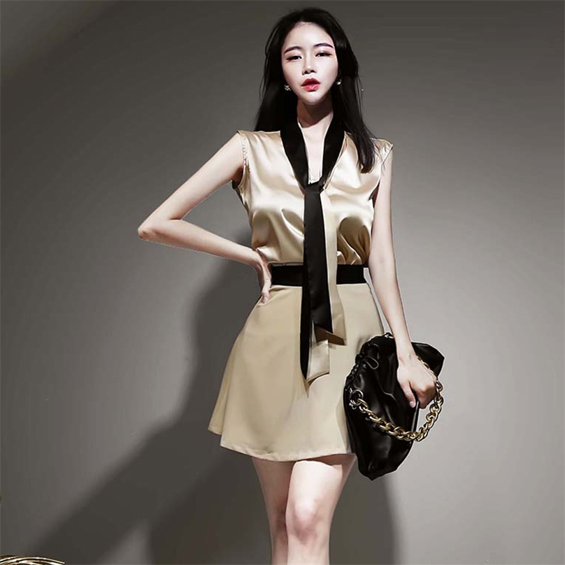 

2 piece Ladies set Suit Korea Sleeveless V neck tops Mini Skirt Summer elegant office Sexy for women 210602, Champagne