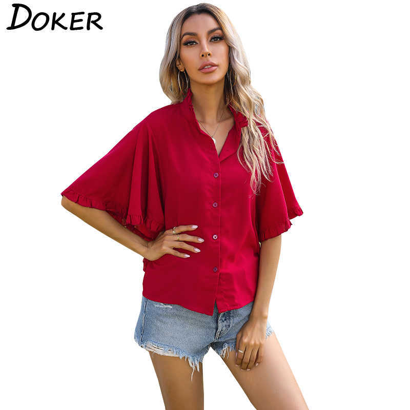 

Summer Ruffles Short Sleeve Top Single-breasted Solid Color Chiffon Office Shirt Casual Plus Size Streetwear Blouse 210604, Black