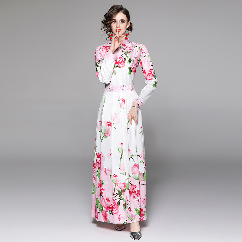 

Autumn Winter Women Designer Maxi Dress 2021 Fashion Turn Down Collar Resort Retro Floral Pleated Dresses Party Office High Street Long Sleeve Lady Slim A-Line Frock