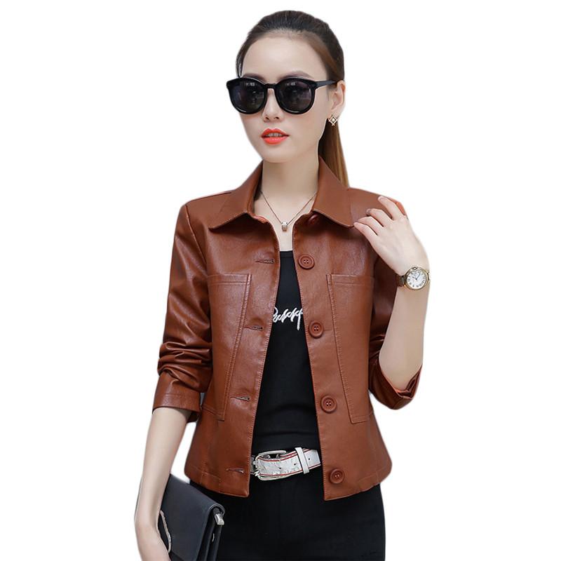 

Women's Leather & Faux Jacket Women Short Slim Caramel Plus Size Lapel Coat 2021 Autumn Winter Korean Fashion Long Sleeve Moto Tops CX1357, Black