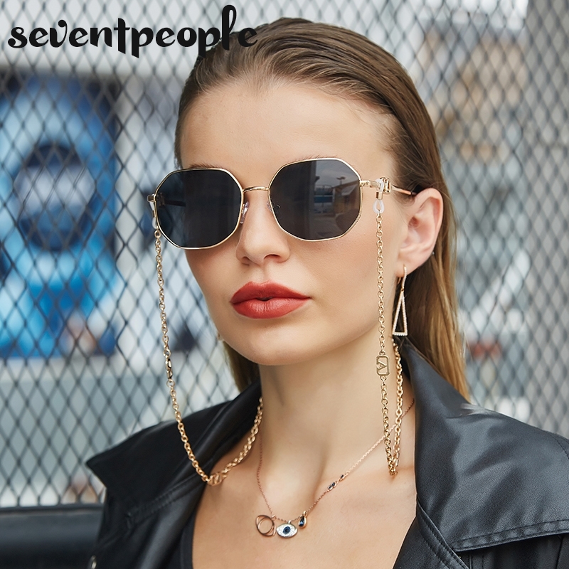 

Fashion Metal Irregular Sunglasses with Chain Women 2022 Luxury Brand Channel Trendy Square Sun Glasses for Female Chic Eyewear Y220315