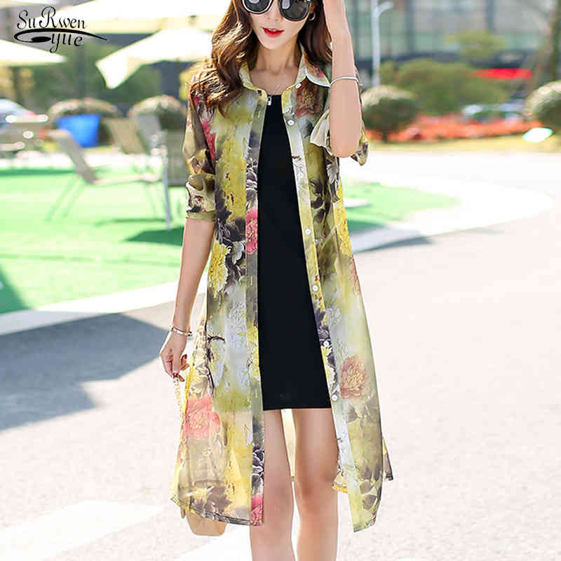 

Summer Long Shirt Women Beach Sun Protection Clothes Floral Loose Long Sleeve Cardigan Chiffon Blouse Women Print Tops 9127 50 210518, Blue