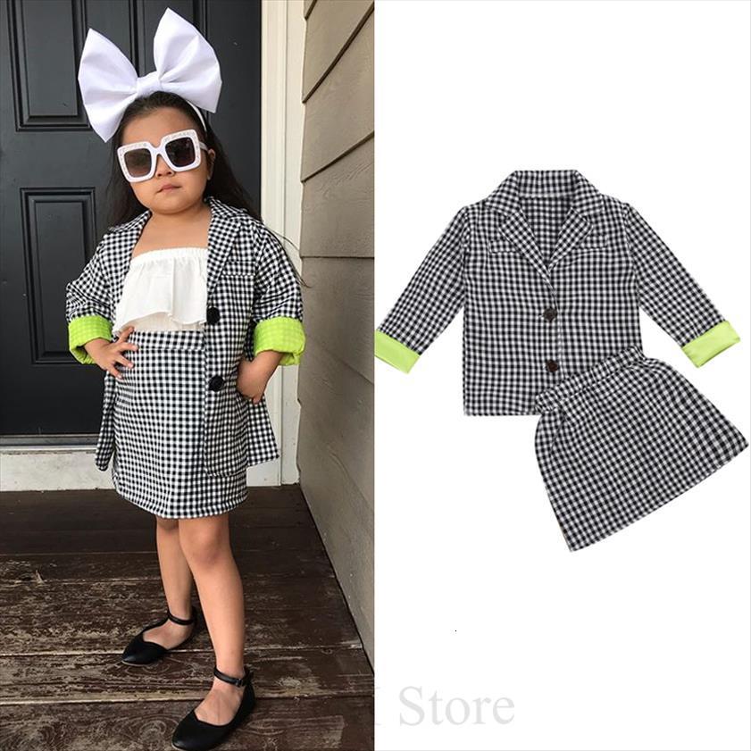 

fashion autumn kids girls clothes sets 2pcs plaid print long sleeve single breasted blazer coat a line skirts, White