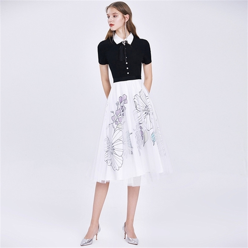 

High Quality Black White Patchwork Vintage Party Dress Women Summer Fashion Office Work Dresses 210602