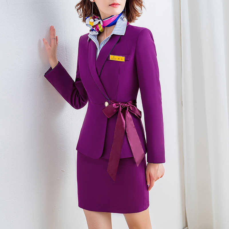 

stewardess professional wear high quality women's skirt suits Casual elegant feminine blazer jacket Office two-piece 210527, Purple jacket skirt