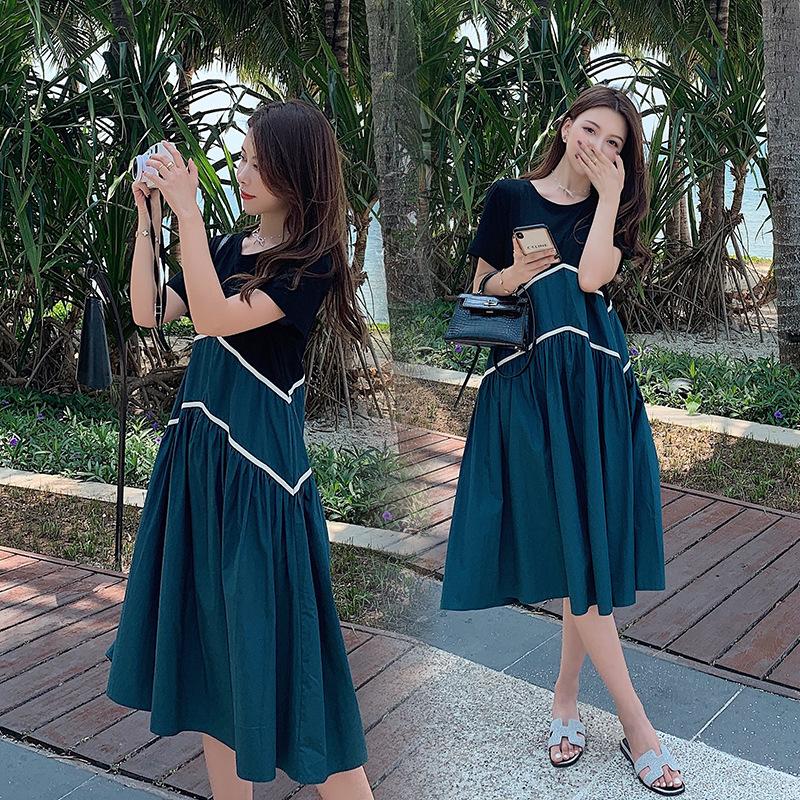 

Maternity Dresses Summer Dress Loose Korean Style Cotton Patchwork Green A-Line Plus Size Pregnant Woman, Black