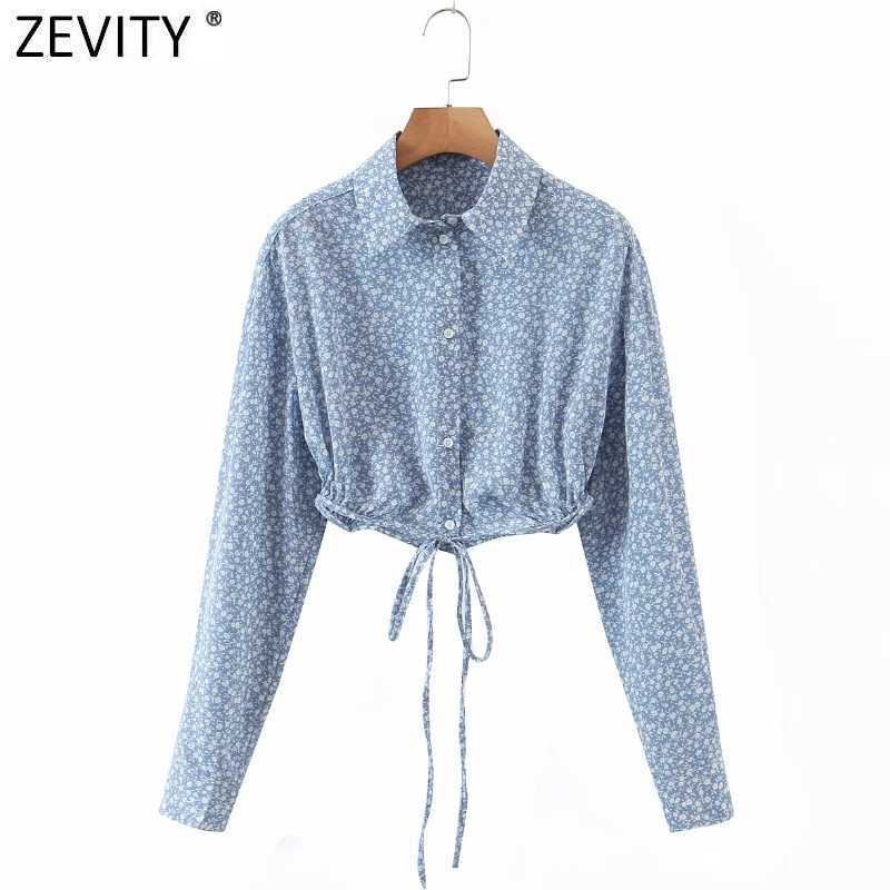 

Zevity Women Vintage Floral Print Hem Bandage Short Blouse Female Long Sleeve Breasted Shirt Roupas Chic Chemise Tops LS9083 210603, As pic ls9083xqb