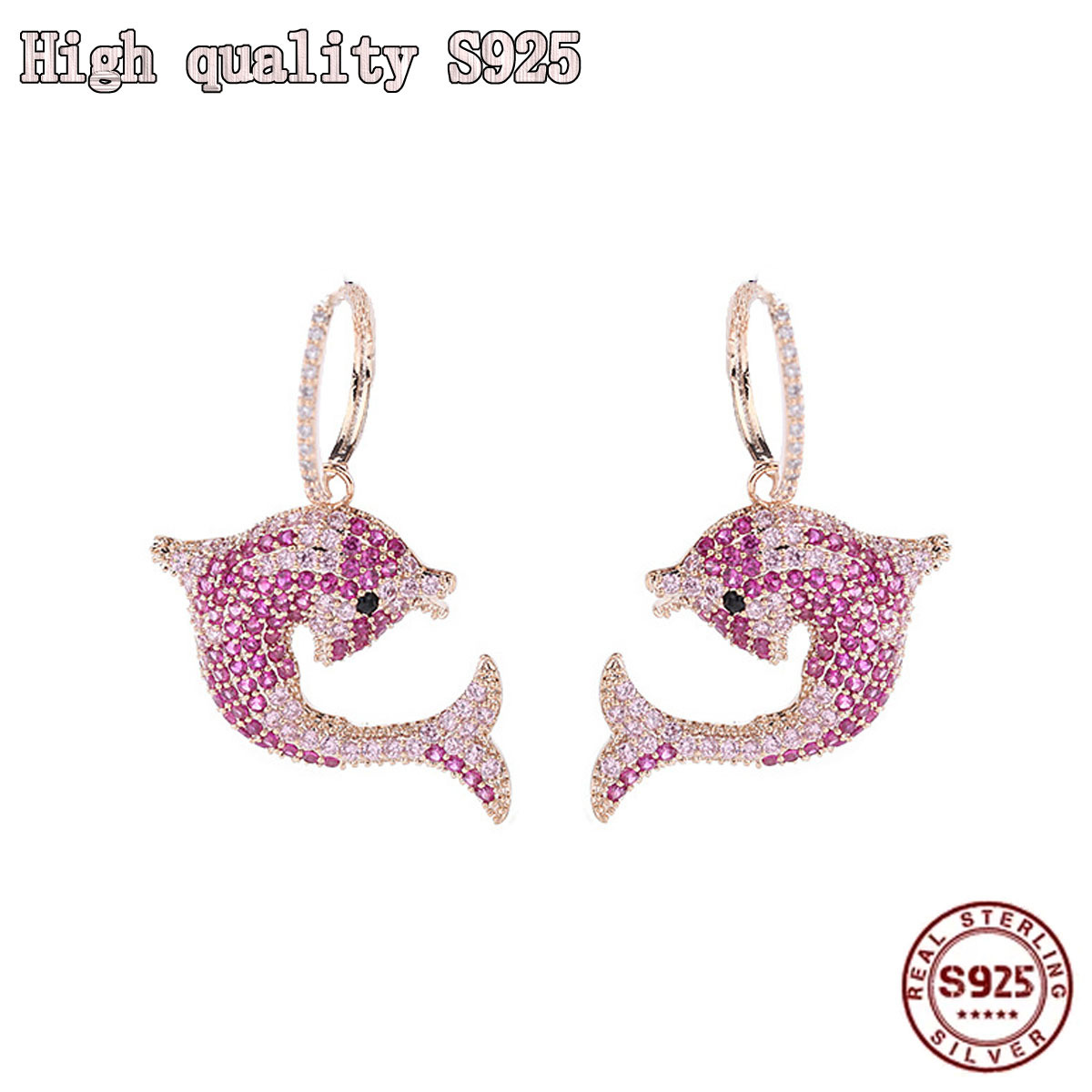 

2021 High Quality Gradient Red Sea Creature Fashion Personality S925 Silver Needle Lovely Dolphin Lady Earrings