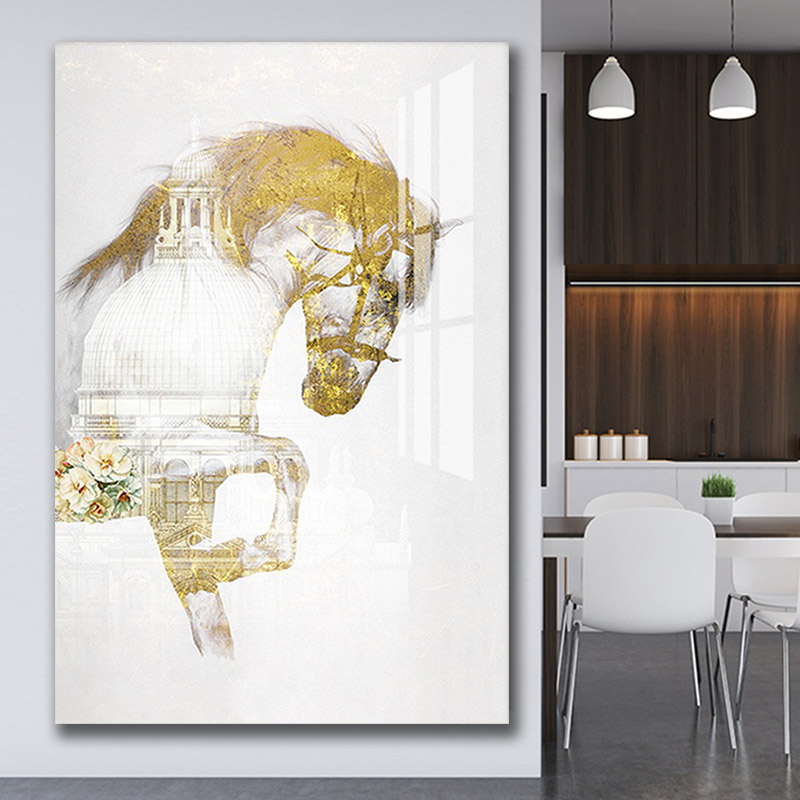 

Modern Wall Art Painting Vintage Golden Horse White Architecture Print On Canvas For Living Room Home Decor No Frame