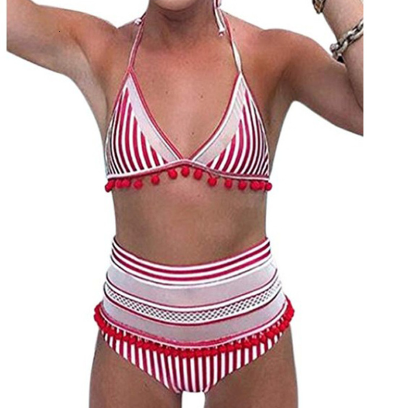 2021 Stripe Style Black High Waist Hanging Neck Mesh Bikini Split Swimsuit-image-678637550