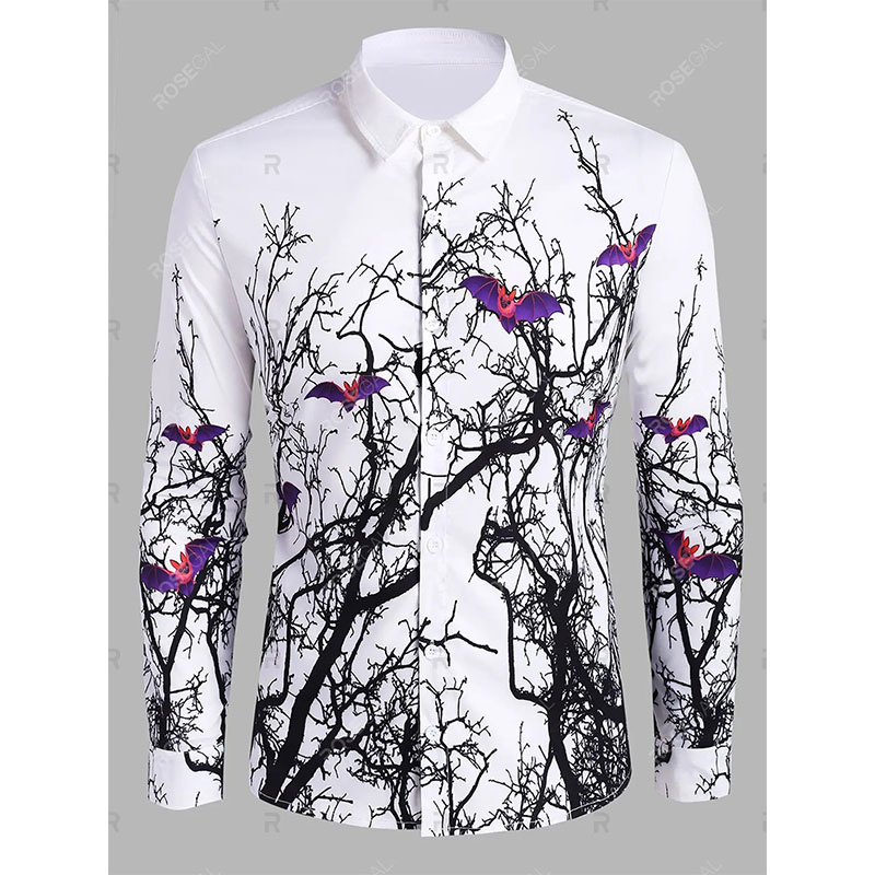 

Halloween men's tree bat print button shirt, White;black