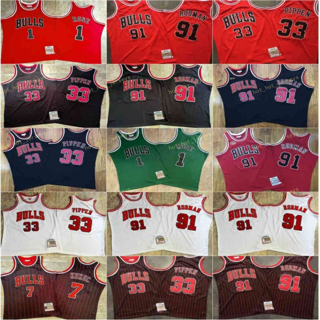 

M & N Vintage Chlcago Derrick 1 Rose Toni 7 Kukoc Scottie 33 Pippen Dennis 91 Rodman Swingman Mesh Stitched Basketball Jersey, Black