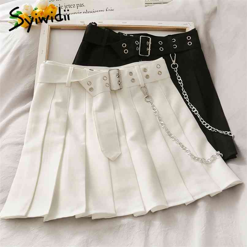 

Chain High Waist Skirt Women Sashes Casual A-Line Solid White Pleated Spring Summer Korean Fashion Mini Skirts 210607, Black