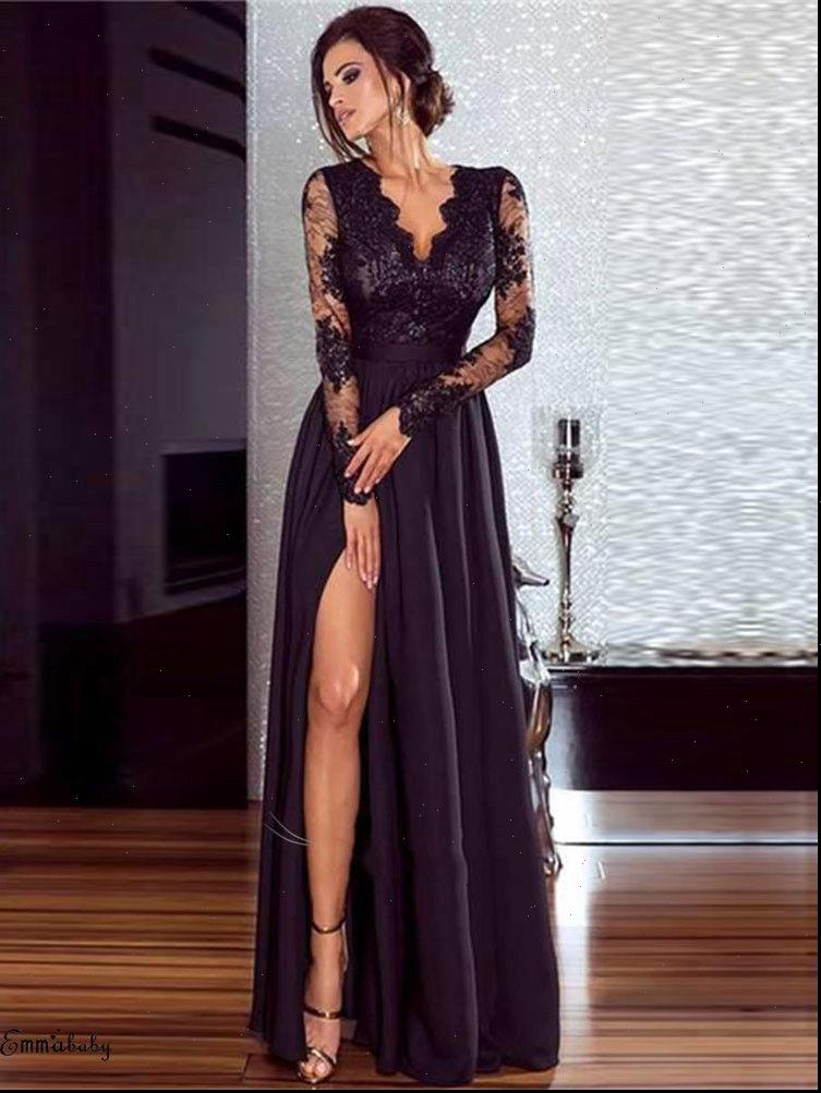 

Fashion Womens Dress Women Sexy V Neck Lace Long Sleeve Female Prom Gown Party Evening High Split S 2XL, Black;gray