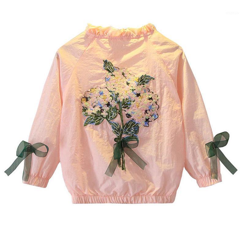 

Jackets Flower Embroidery Children Hooded Trench Coat Spring Autumn Kids Bow Solid Color Clothes Baby Girls Casual Outerwear, Blue;gray
