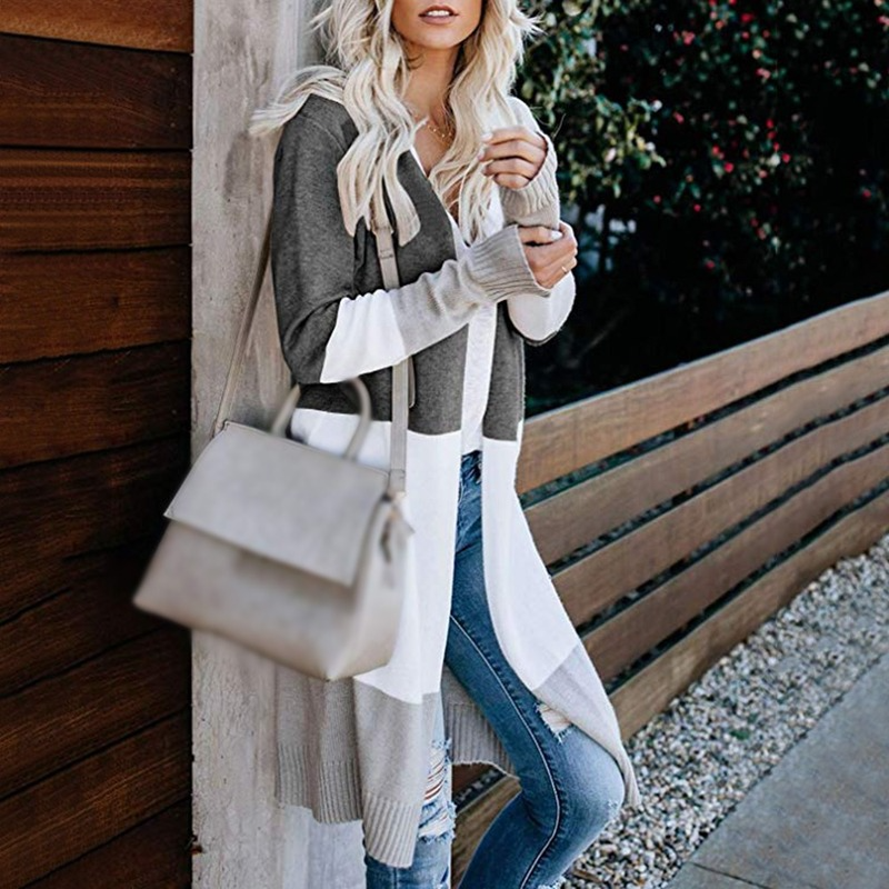 

2020 Spring Women Sweater Striped Color Block Draped Loose Cardigan Long Sleeve Casual Knit Sweater Coat, White;black