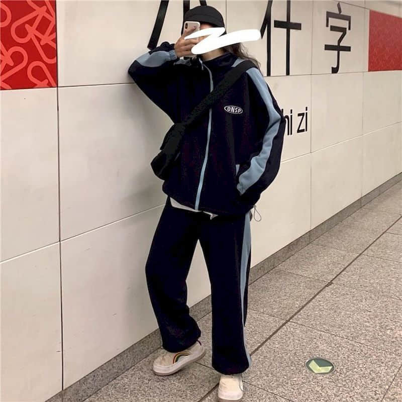 

women's hoodis & swatshirts trno do sport fminino primavra outono studant vrsÃ£o corana solto fino moda casual duas pÃ§as running wa, Black