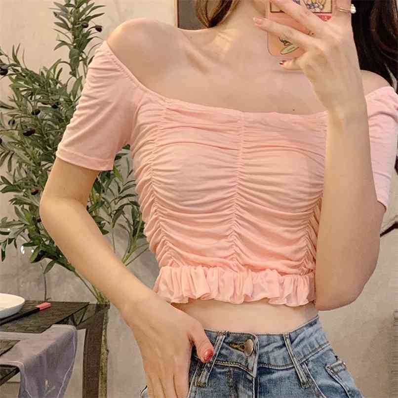 

Fashion off-shoulder short T-shirt summer women' tight-fitting one-line neck top sexy bottoming shirt 210520, Black