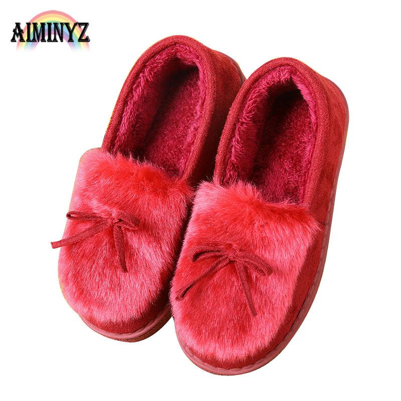 

Slippers Winter Slipper Women/Girl Ribbon Furry Shoe Warm Plush Snow Indoor Home Bedroom Shoes Plus Size Comfort Ladies Soft Footwear, Wine red