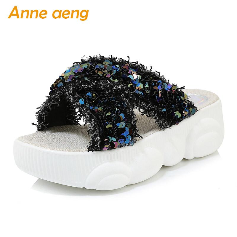 

Slippers Summer Women High Flats Heel Bling Comfortable Casual Platform Shoes Black Slides Outdoor Female