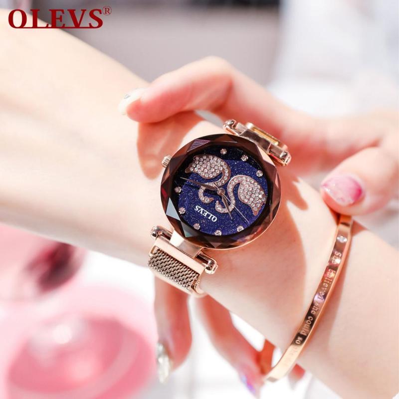 

Wristwatches Mesh Steel Bracelet Watches For Women Analog Quartz Rose Gold Ladies Watch Relogio Feminino Animal, Blue