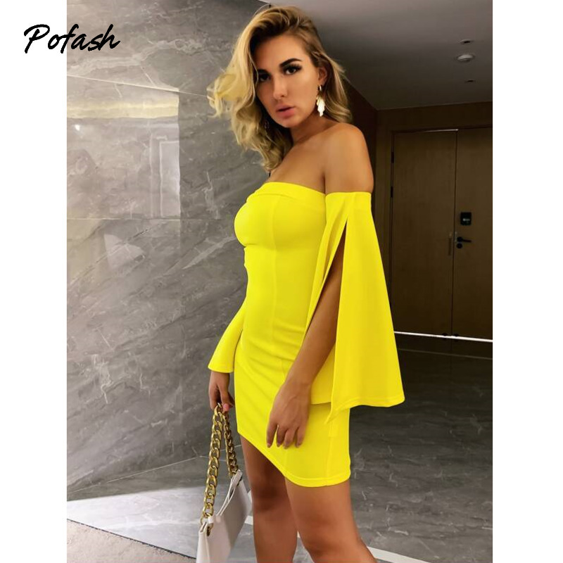 

2021pofash off shoulder solid mini dress women backless split long flare sleeves autumn dresses club party bodycon dresses 2021, Black;gray
