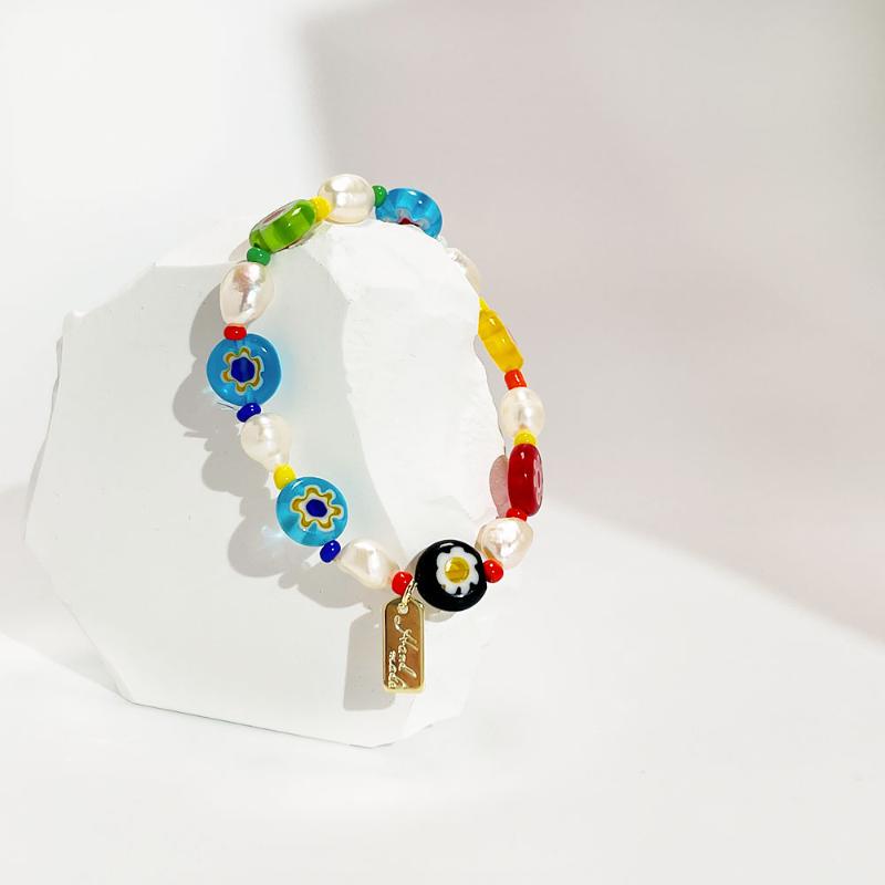Beaded, Strands Peri&#039;sbox Colorful Freshwater Pearl Coloured Glaz Bracelet For Women With Bronze Medal Bohemia Trendy Small Simple Gift-image-707809986