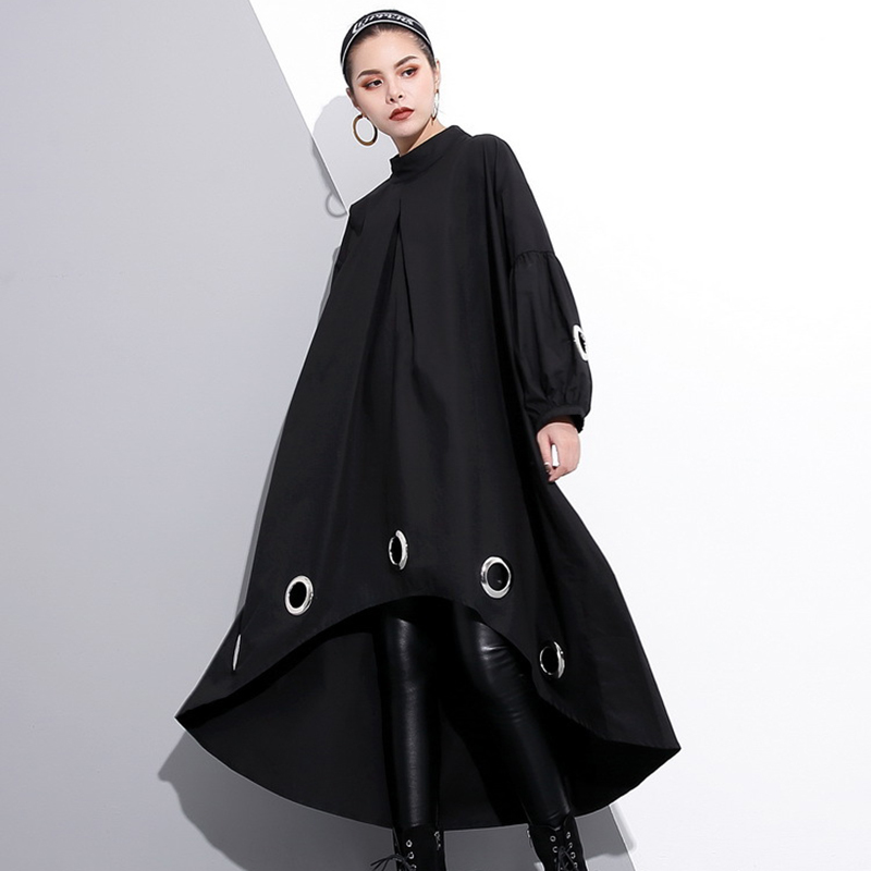 

2021eam 2021 new spring round neck long sleeve solid color black metal ring big size hollow out dress women fashion tide je29201, Black;gray