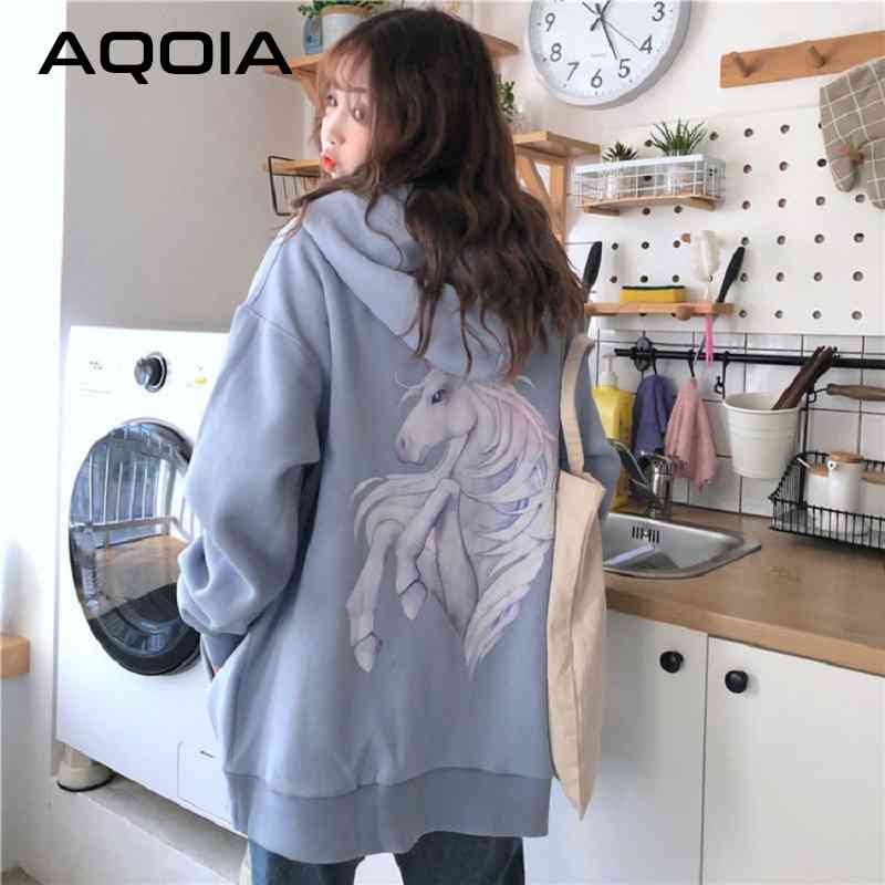 

Autumn Casual Unicorn Print Women 's Hoodies Zip Up Oversize Loose Sweatshirt Winter INS Fashion Female Coat 210521, Sku2