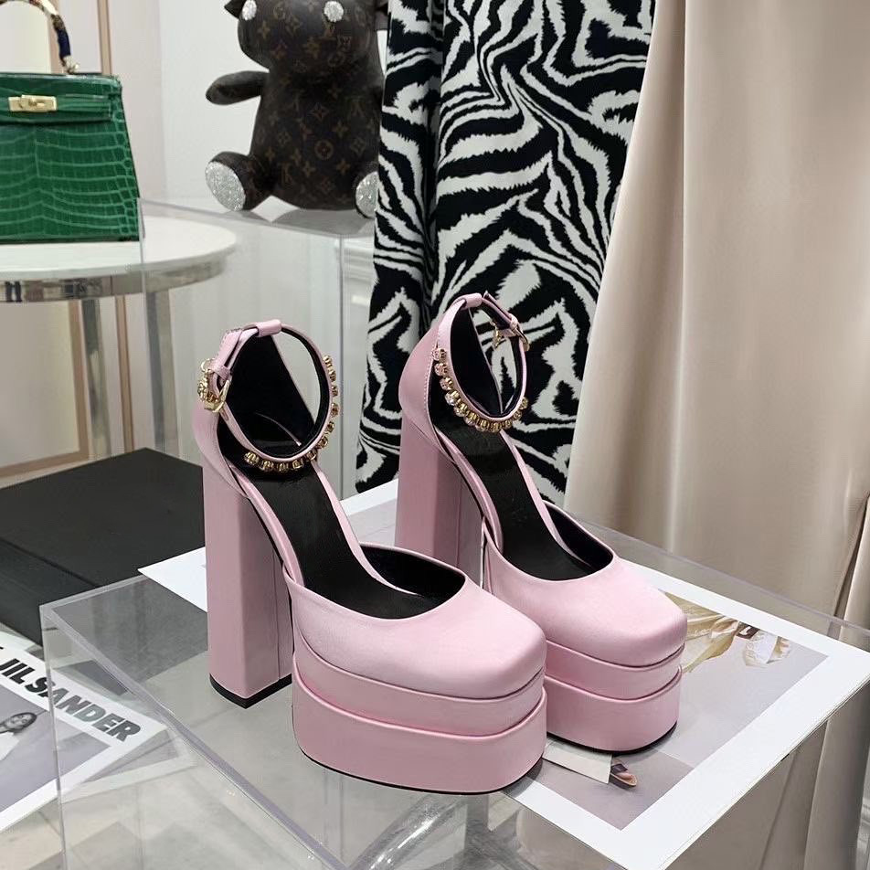 

Medusa Aevitas Pink Juno Crystal-Embellished satin platform Pumps shoes high Heels sandals women's Luxury Designers Dress shoe Evening Ankle strap factory footwear, Black