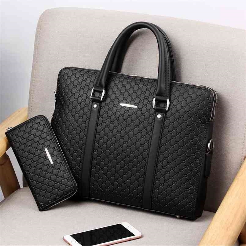 

Double Layers Men's Leather Business Briefcase Casual Man Shoulder Bag Messenger Male Laptops Handbags Men Travel s 210824, Black-14 inch