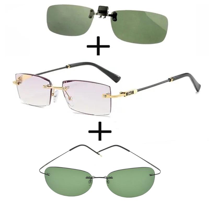 

Sunglasses 3Pcs!!! Rimless Frameless Luxury Reading Glasses For Men Women + Polarized Alloy Sports Driving Clip