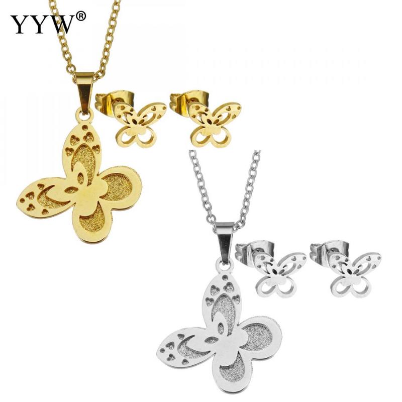 

Earrings & Necklace Stainless Steel Sets For Women Butterfly Bracelets Stud Fashion Gold Color Engagement Jewelry, Silver