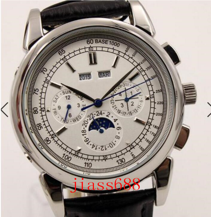 

Super complication timepiece 5270G Automatic Mens Watch Moon Phase Complicated Silver Perpetual Calendar Watches Black Leather