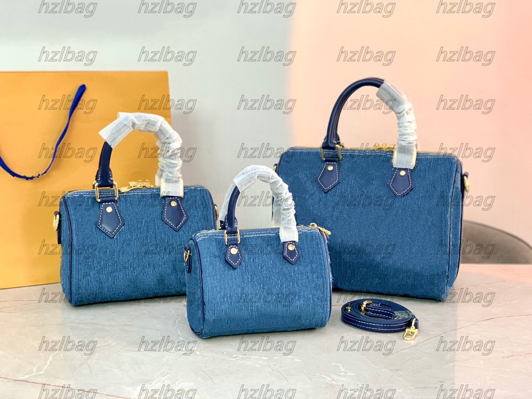 

Speedy 25 Navy Blue Denim Jacquard Designer Bags Monograms Canvas Pattern Faded Blue Padlock crossbody Shoulder Speedy Bandouliere 20cm 16cm Tote Bag, 02