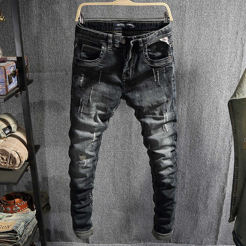 

Italian Vintage Fashion Men Jeans Retro Black Blue Slim Fit Ripped Elastic Cotton Hip Hop Designer Destroyed Denim Pants