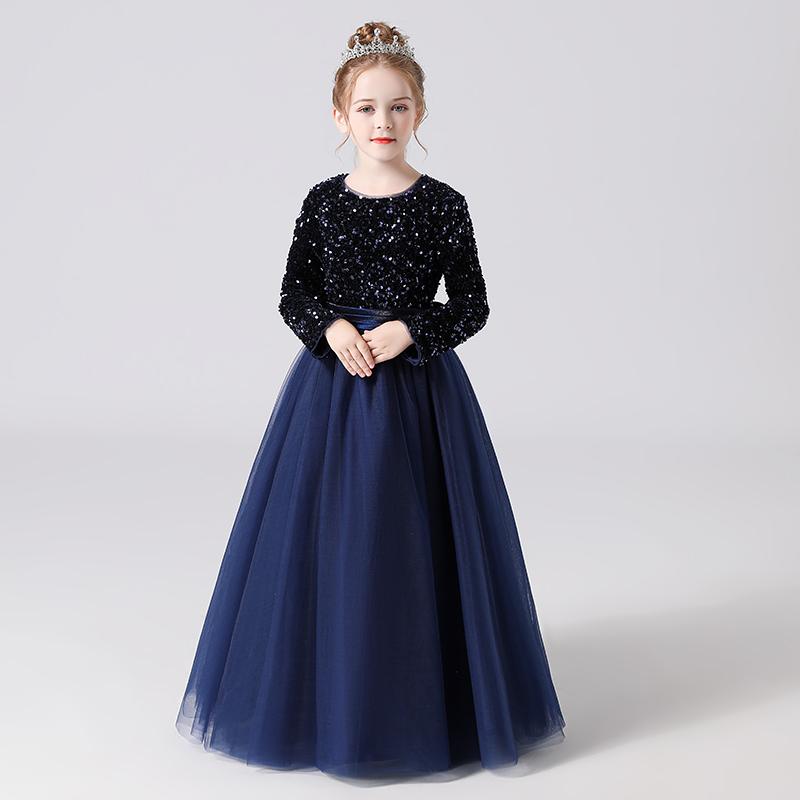 

Girl's Dresses Glitter Sequins Long Sleeves Flower Girls For Wedding And Party Sashes Bow Floor Length Tulle Birthday Dress, Black
