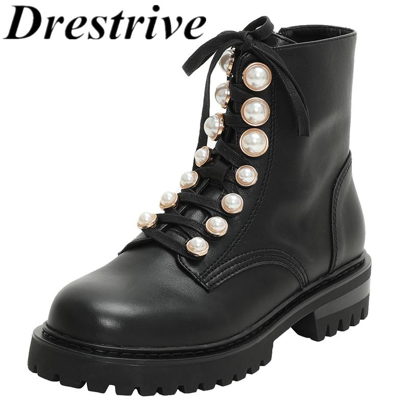 

Boots Drestrive Genuine Leather 2021 Arrival Low Heel Women Ankle Zipper Cross Tied Round Toe Cow Black Pearl