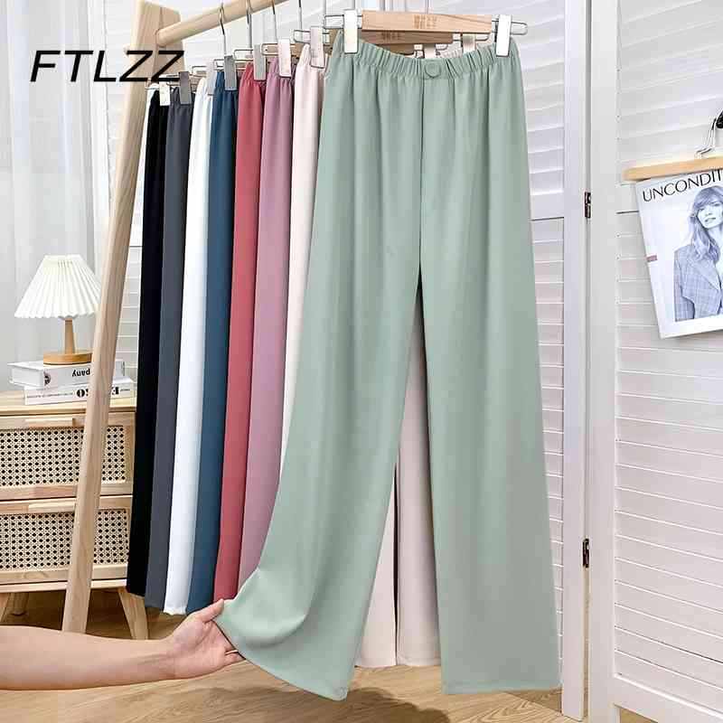 

Women Chiffon Wide Leg Pants Summer Elastic High Waisted Streetwear Baggy Ladies Button Office Ankle-Length 210602, Ink-blue