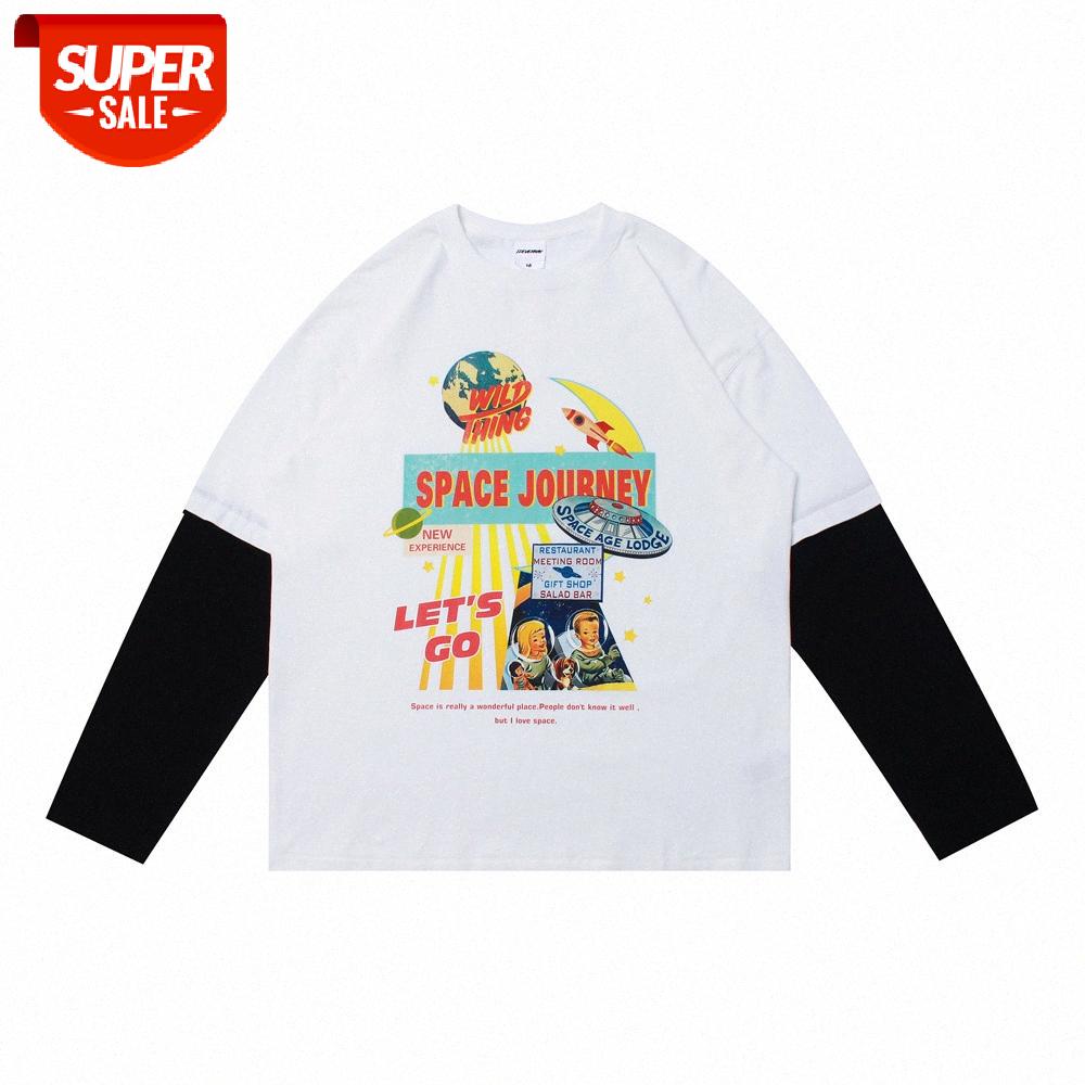 

Printed stitching fake two-piece long-sleeved men's bf wind loose round neck t-shirt pullover bottoming shirt #5l4A, White;black