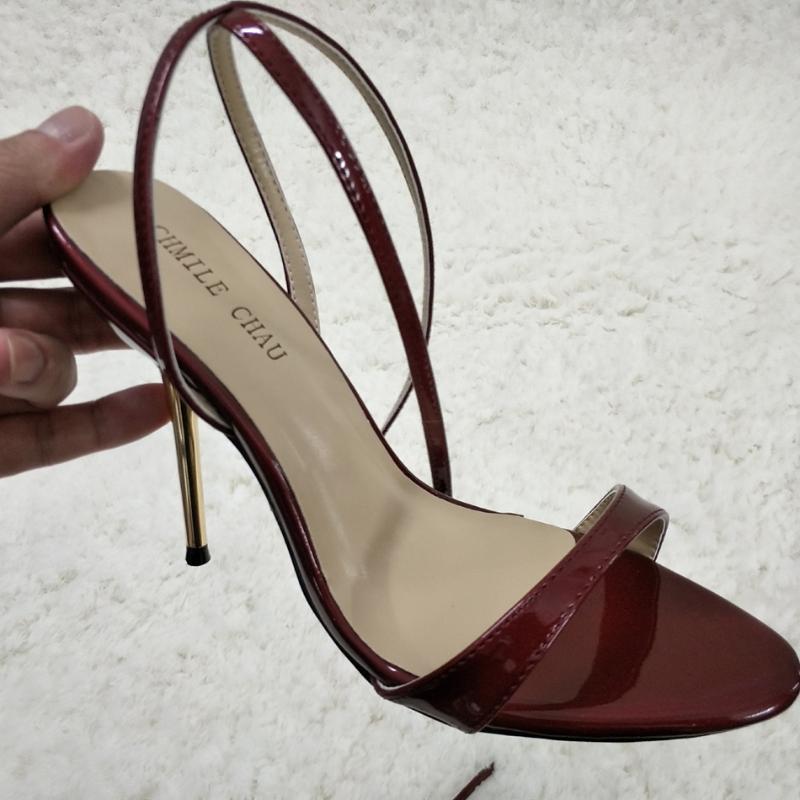 

Sandals Sexy Burgundy Patent High Heel Slimmer Dress Party Women Summer Open Toe Ankle Strap Stiletto 11cm Shoe