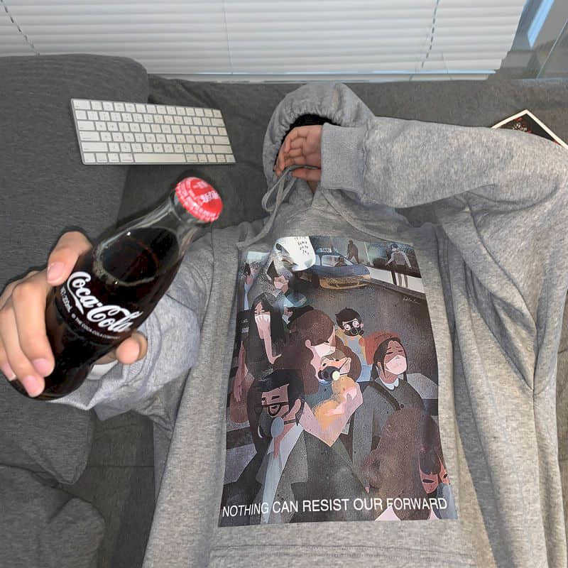 

Hooded sweatshirt men autumn winter Hong Kong style trend printing student all-match plus velvet Korean hoodies men's jacket top 210526, Gray blue thin