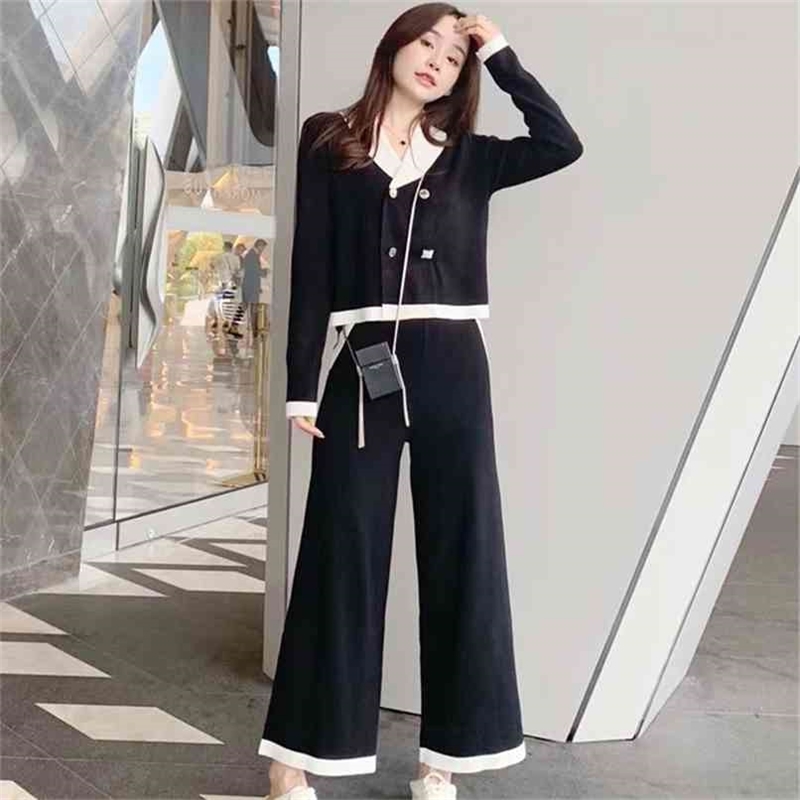 

Knitted wide-leg pants suit spring Korean style lapel self-cultivation double-breasted two-piece temperament 210520, Black