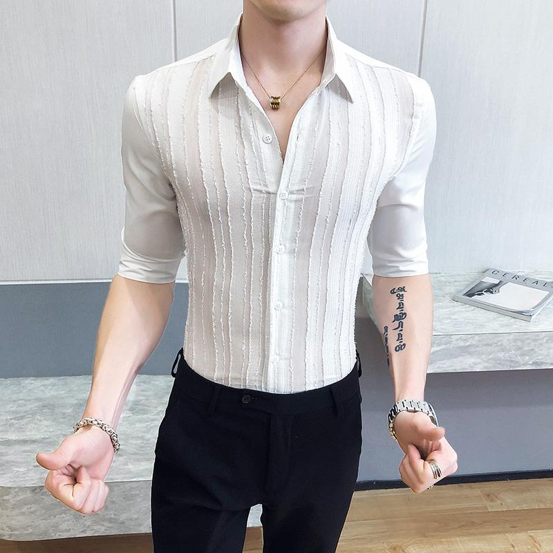 

Men's Casual Shirts Mens White Striped See Through Sexy Shirt For Transparent Mesh Party Dress Club Lace Clothes 2021, Black