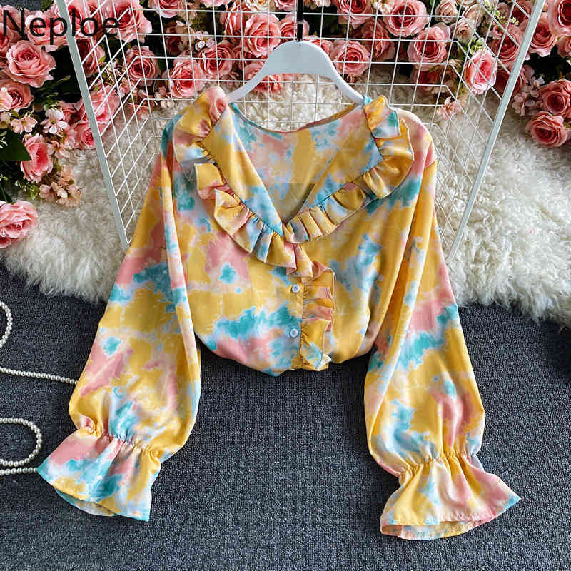 Neploe Spring Women Blouses Vintage Flare Sleeve Tie-dye Floral Shirts V-neck Ruffles Temperament Blouse Loose Temperament Tops 210422