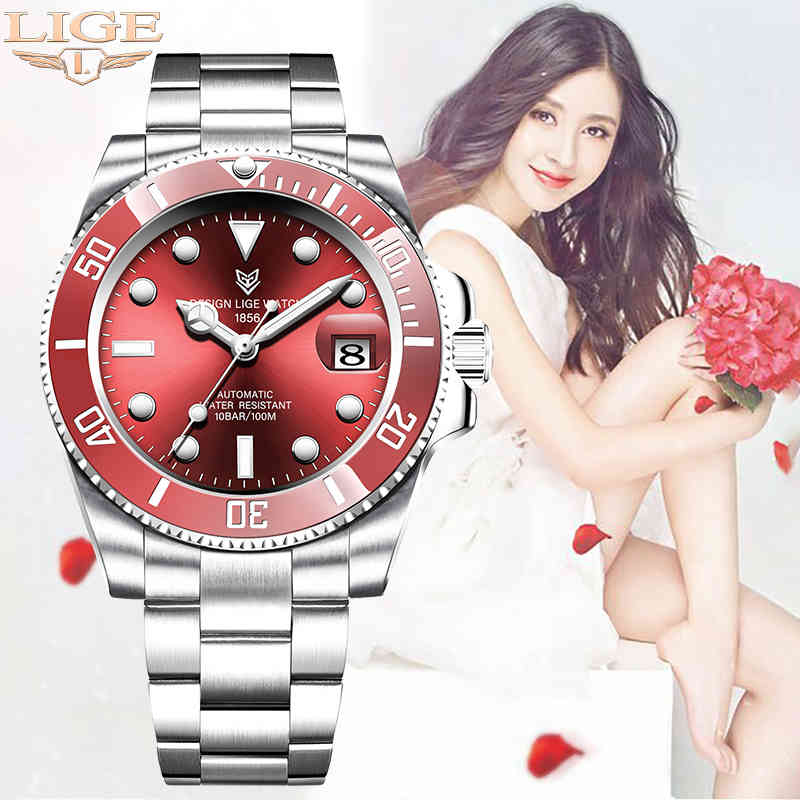 

LIGE Luxury Top Brand Women Automatic Mechanical Watches Steel Watch Band Watch Waterproof Simple Watch For Women Gift for Women 210517, Red