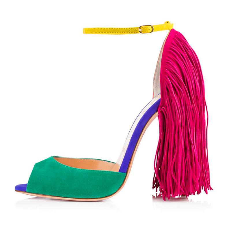 

Sandals Sexy Fringe Heels Summer Red Green Black Patchwork Dress Shoes Peep Toe Ankle Strap Cut-out Tassel Gladiator