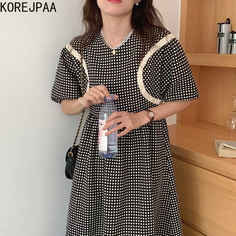

Korejpaa Women Dress Summer Korean Chic French Retro Full-Screen Wave Dots Contrasting Color Receiving Puff Sleeve Vestidos 210526, Black