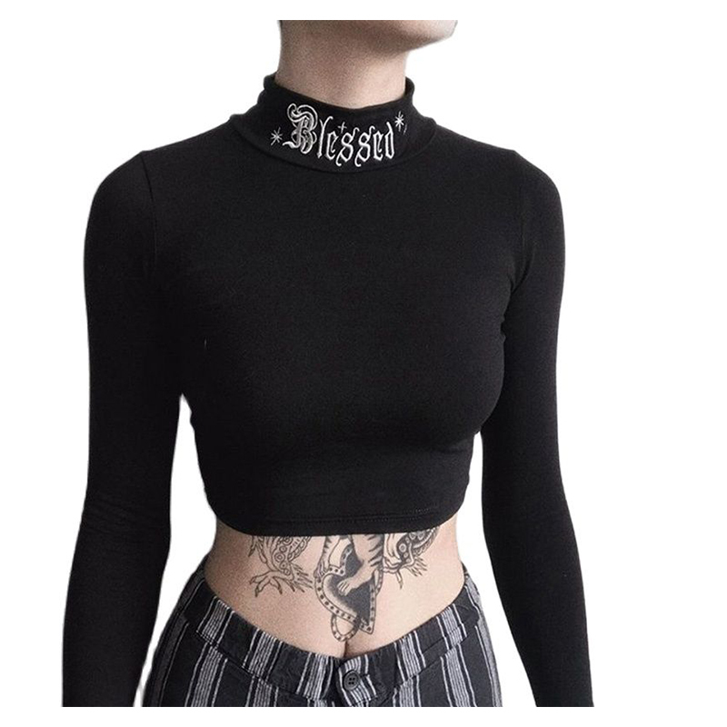 

Women Black Bodycon Long Sleeve Crop Tops Gothic Harajuku Letter Embroidery Vintage Solid Tops Female Casual Basic Tops 210518