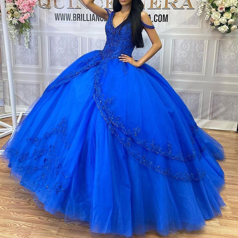

Royal Blue Ball Gown Princess Quinceanera Dress with Appliques Beaded Flowers Party Sweet 16 Gown Vestidos De 15 Años XV, Light sky blue